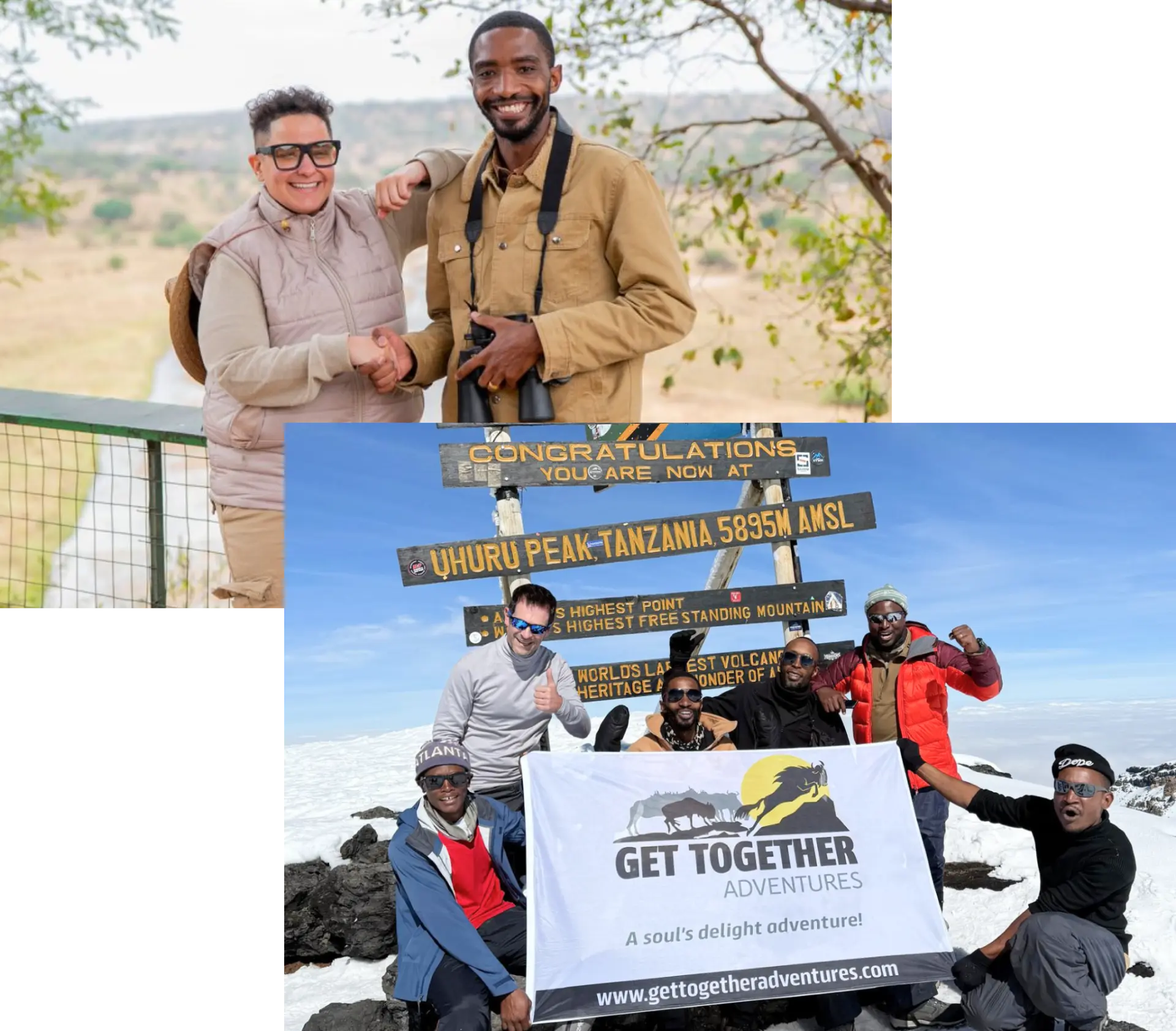 Get Together Adventures guests with a guide in Tanzania and a team celebrating at Kilimanjaro's Uhuru Peak